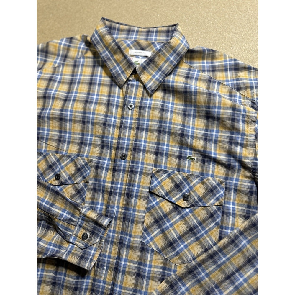 Lacoste Button-Up Shirt Men's Sz. 42 / L Blue/yellow Plaid 100% Cotton $89